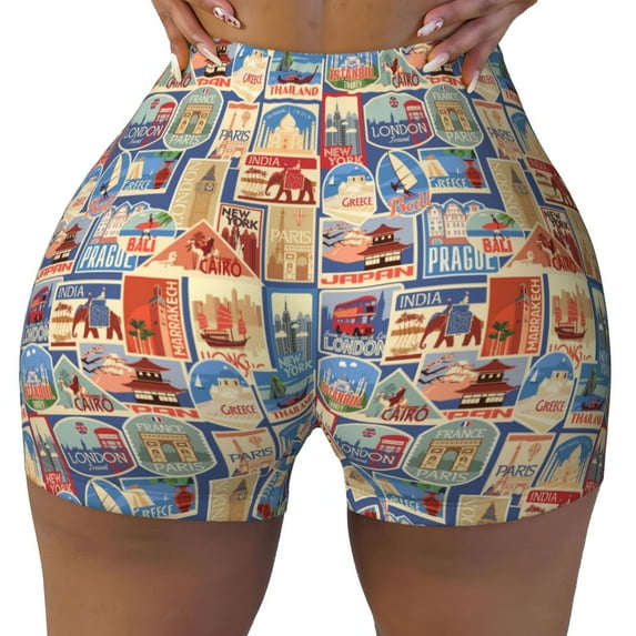 Kdxio Set Of Travel Vintage Print Workout Shorts for Women Seamless Soft Smooth Gym Yoga Scrunch Active Shorts