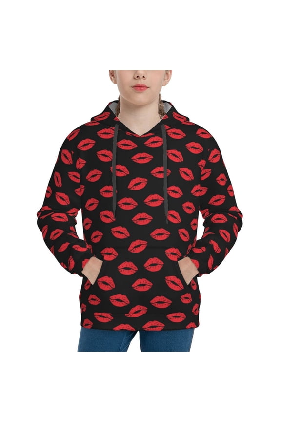 Sexy Red Lips Kiss Pattern Boys Athletic Unisex Boys Girls Hoodie with Pocket Sweatshirts-Medium