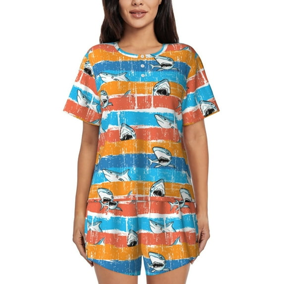 Kdxio Shark On Line Print Pajamas Sets for Women Short-Sleeved Pjs with Lounge Shorts Two Piece Sleepwear S-4XL