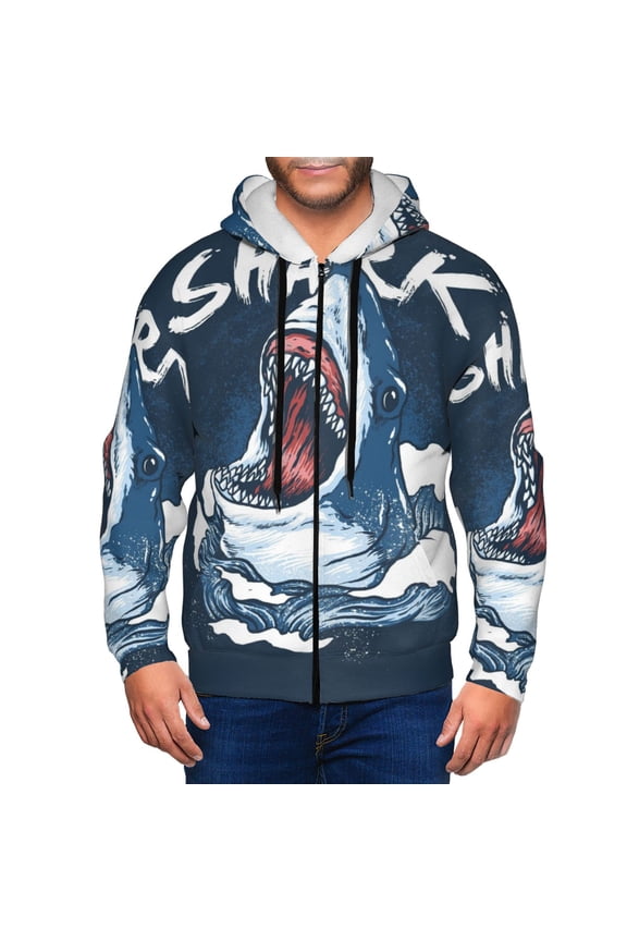 Shark Print Men Hoodies Casual Hoodies for Men with Zip Pockets Full Zip Long Sleeve Sweatshirt Sports Hooded Jacket-XX-Large