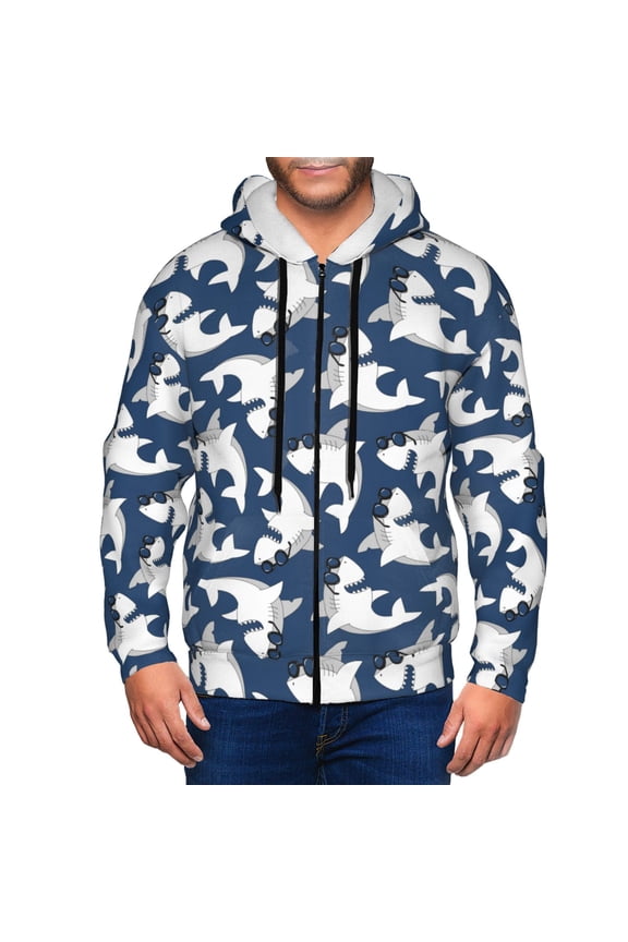 Shark Print Men Hoodies Casual Hoodies for Men with Zip Pockets Full Zip Long Sleeve Sweatshirt Sports Hooded Jacket-XX-Large