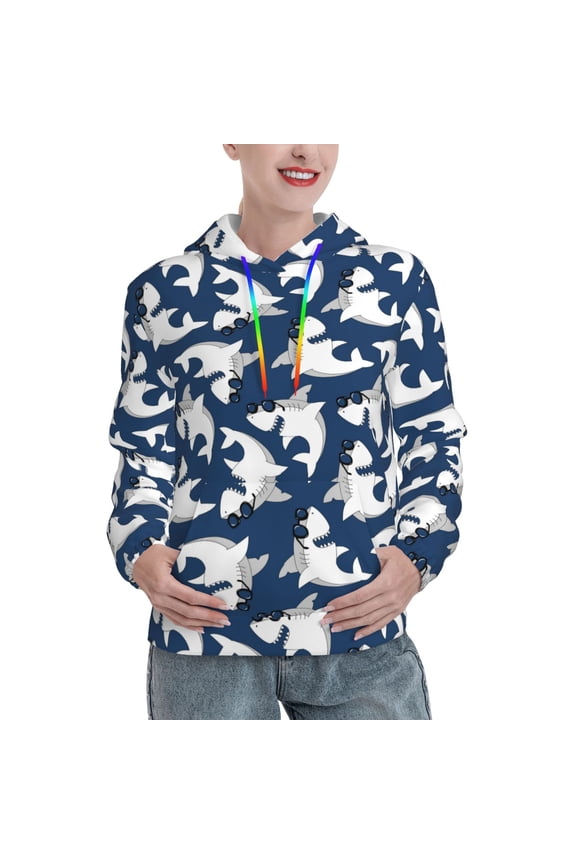 Shark Print Womens Oversized Hoodies Sweatshirts Hooded Pullover Tops Sweaters Casual-Large