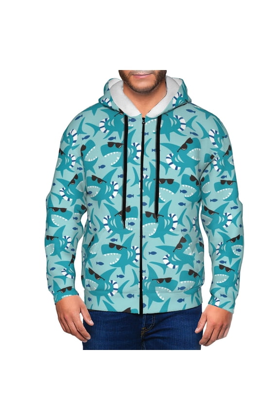 Shark Wearing Sunglasses Print Men Hoodies Casual Hoodies for Men with Zip Pockets Full Zip Long Sleeve Sweatshirt Sports Hooded Jacket-X-Large