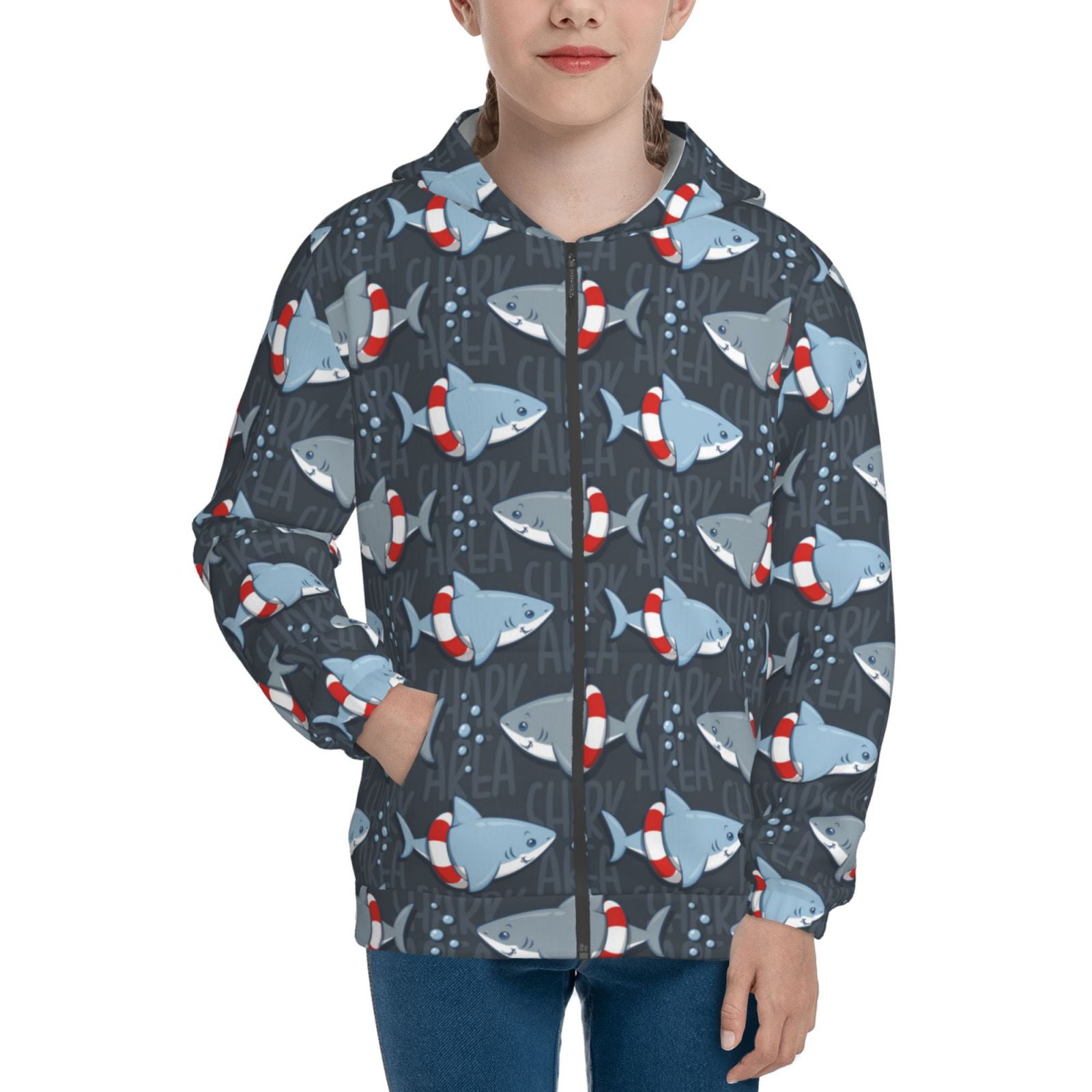 Kdxio Shark Wearing Swim Ring Pattern Kids Boys Girls Zip Up Hoodie 3D