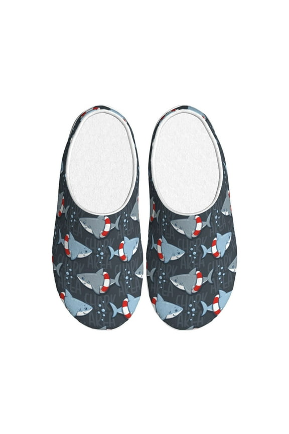 Shark Wearing Swim Ring Women's Men's Slippers Plush Slip-On House Slipper for Winter Indoor Soft Cushion Non-slip Fluffy Slides Slippers-39/40