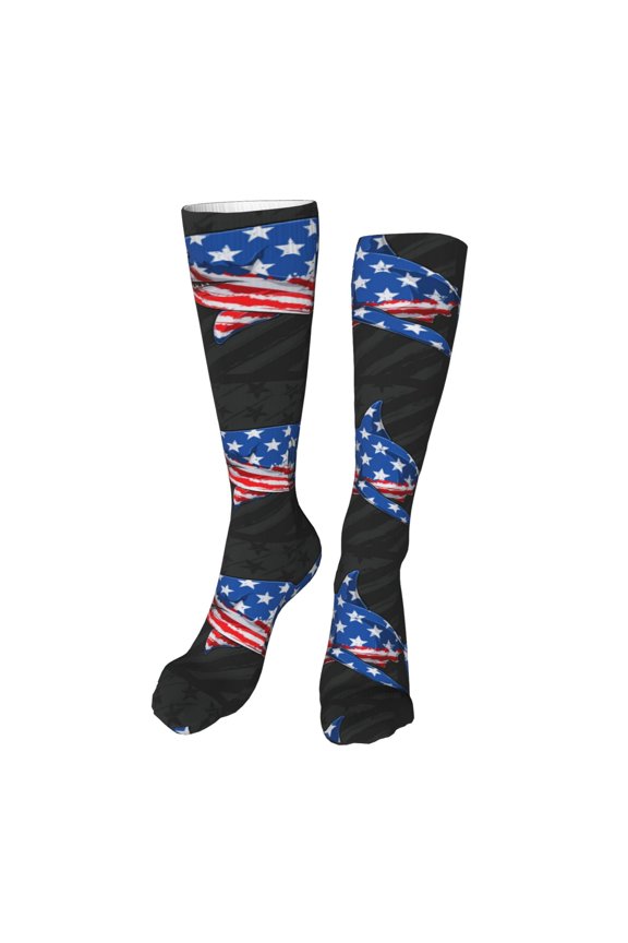 Shark With USA Flag Funny Silky Novelty Funky Long Knee High Socks Soft 3D Print Cosplay Crazy Stockings for Men Women