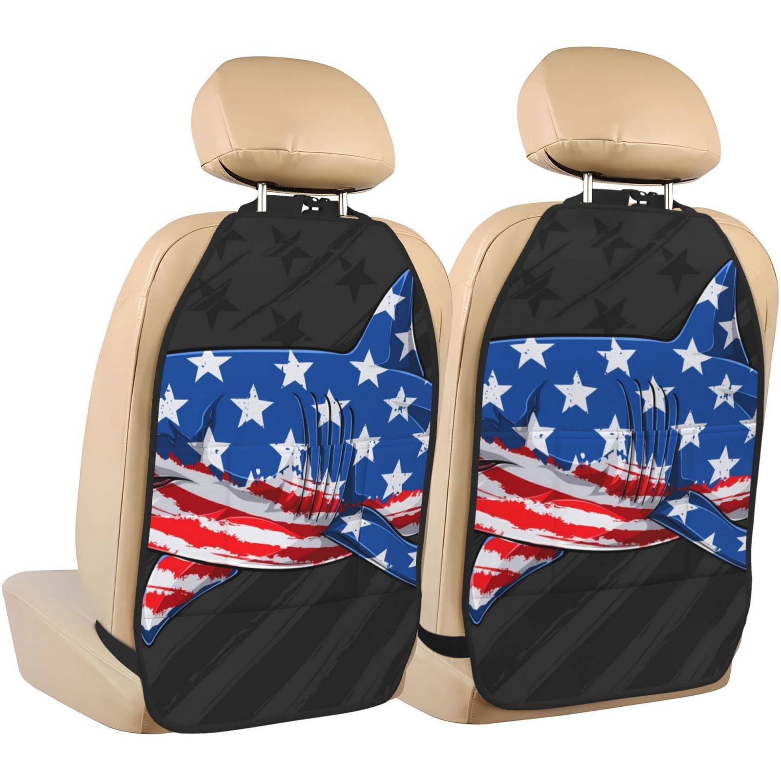 Kdxio Shark With USA Flag Print 2 Pack Car Kick Mat Seat Cover Back Protector Mat with Pockets for Organizer Backseat Protector and Storage Anti Kick Pad for Vehicles