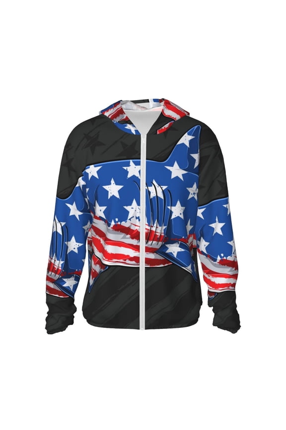 Shark With USA Flag Print Women Men Sun Protection UPF 50+ Jackets Zip Up Long Sleeve Hoodie Hiking Lightweight with Pockets