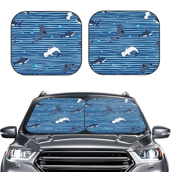 Kdxio Sharks On White Blue Striped Print 2-Piece Sun Shade Front Windshield - Foldable Car Front Window Sunshades For Most Sedans Suv Truck