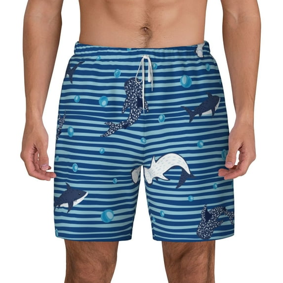 Kdxio Sharks On White Blue Striped Print Men'S Swim Trunks With Compression Liner 7 Inch Inseam Quick Dry Swim Shorts