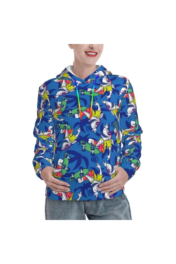 Sharks Skateboarding With Palm Print Womens Oversized Hoodies Sweatshirts Hooded Pullover Tops Sweaters Casual-Medium
