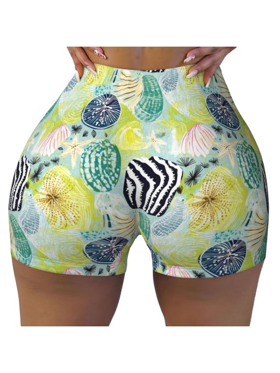 Shell Clam Print Workout Shorts for Women Seamless Soft Smooth Gym Yoga Scrunch Active Shorts