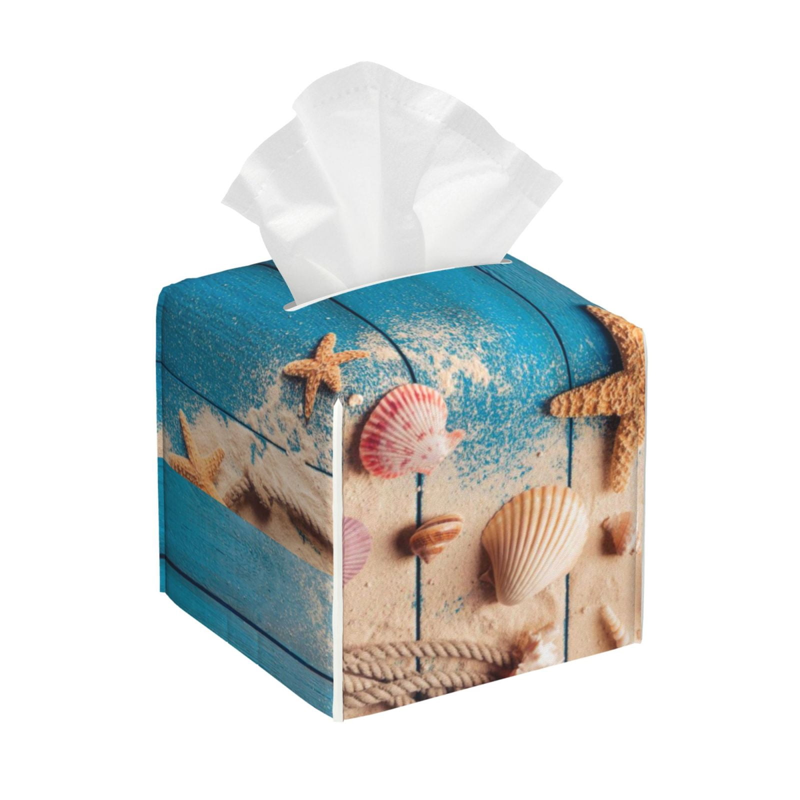 Kdxio Shells and Starfish Print Tissue Box Cover,Square Decorative PU ...