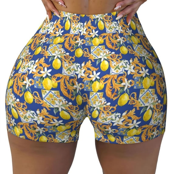 Kdxio Sicilian Style Print Workout Shorts for Women Seamless Soft Smooth Gym Yoga Scrunch Active Shorts