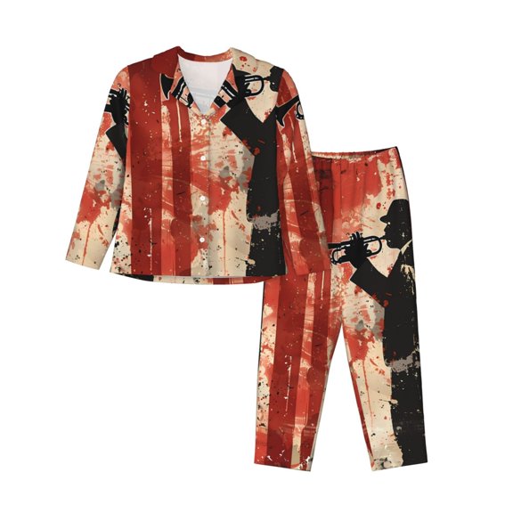 Kdxio Silhouette Trumpet Red Art Women's Pajama Sets Long Sleeve Button Down Sleepwear Nightwear Soft Pjs Lounge Sets-Medium