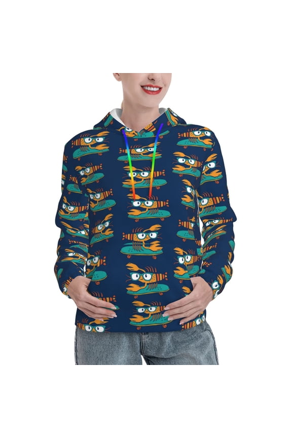 Skateboard Rides Cartoon Lobster Print Womens Oversized Hoodies Sweatshirts Hooded Pullover Tops Sweaters Casual-X-Large