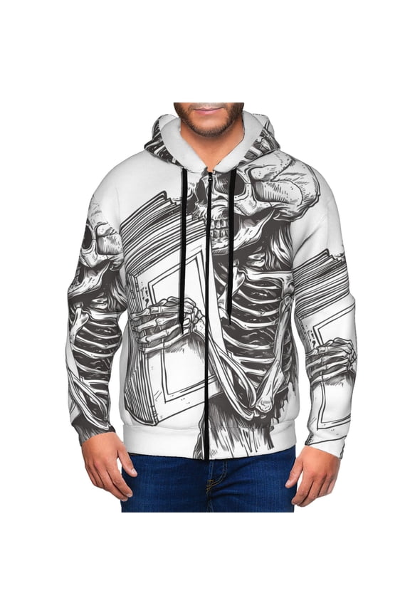 Skeleton Book Lover Print Men Hoodies Casual Hoodies for Men with Zip Pockets Full Zip Long Sleeve Sweatshirt Sports Hooded Jacket-3X-Large