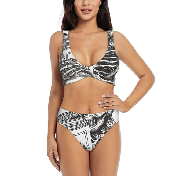 Kdxio Skeleton Book Lover Print Women's 2 Piece High Waisted Wrap Spaghetti Strap Summer Swimsuit Bikini Set-Large