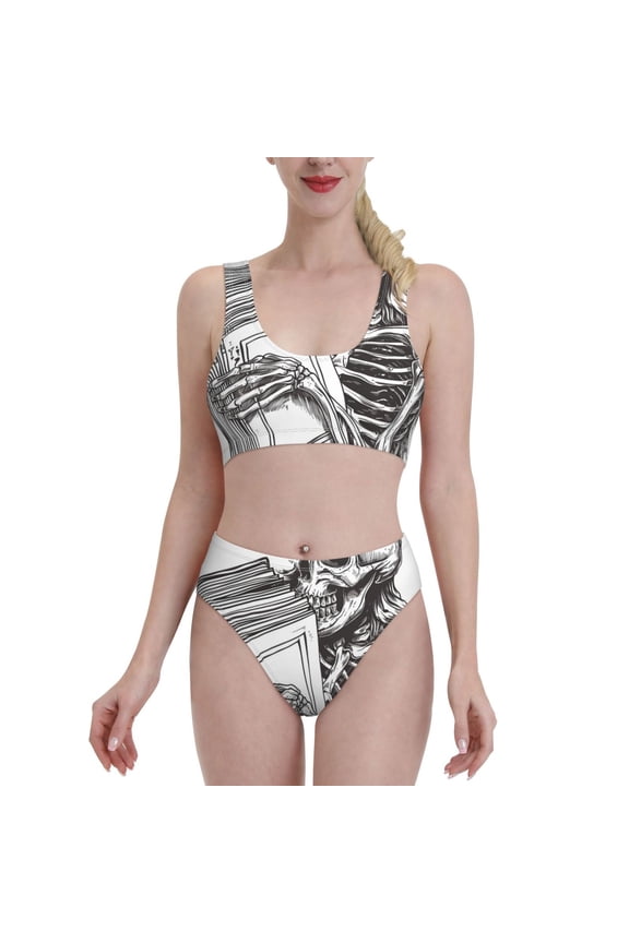 Skeleton Book Lover for Womens High Waisted Bikini Top Sports Style Two Piece Bathing Suits
