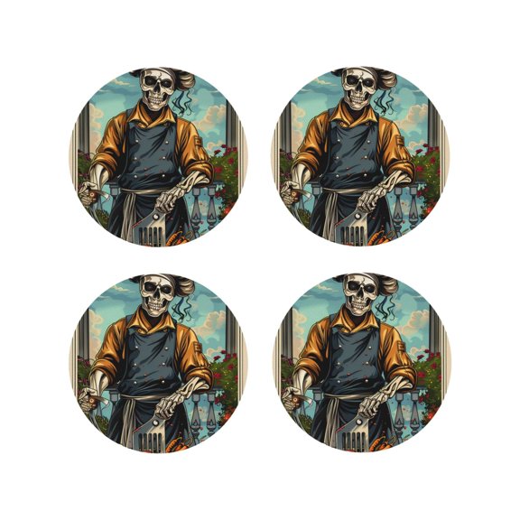 Kdxio Skeleton Chef BBQ Scene Funny Coasters,4 Pcs Leather Coasters,Housewarming Gifts,Protect Furniture from Water Marks Scratch and Damage