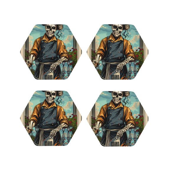 Kdxio Skeleton Chef BBQ Scene Funny Coasters,4 Pcs Leather Coasters,Housewarming Gifts,Protect Furniture from Water Marks Scratch and Damage