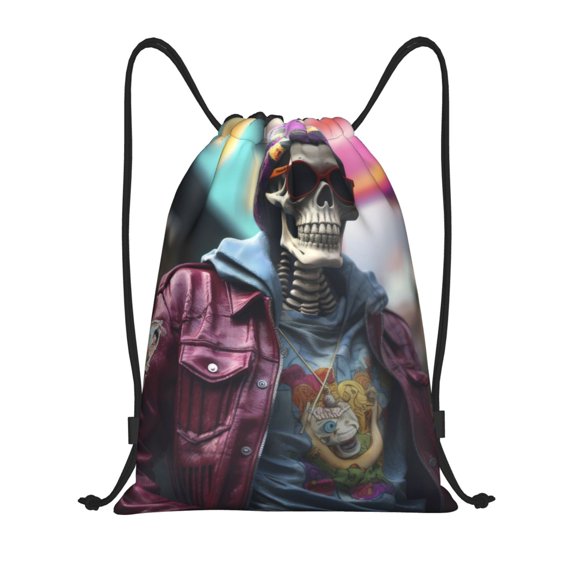 Kdxio Skeleton Cool Street Fashion Print Drawstring Backpack Bag,Waterproof Draw String Back Sack, Gym Drawstring Bags Swim Bag For Unisex