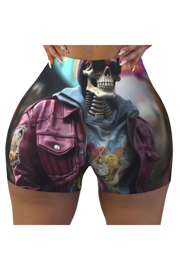 Skeleton Cool Street Fashion Print Workout Shorts for Women Seamless Soft Smooth Gym Yoga Scrunch Active Shorts