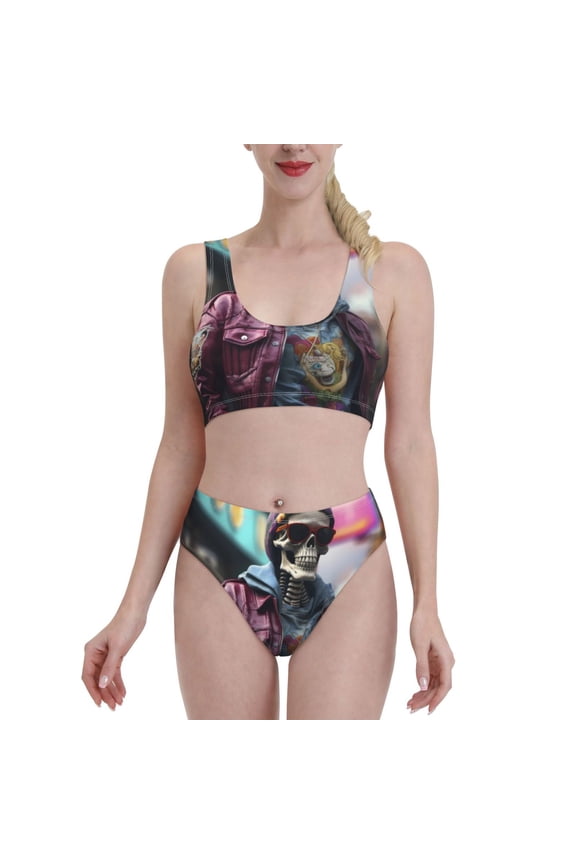 Skeleton Cool Street Fashion for Womens High Waisted Bikini Top Sports Style Two Piece Bathing Suits