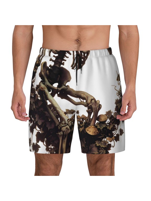 Skeleton Dance with Mushrooms Print Men's Swim Trunks with Compression Liner 7 Inch Inseam Quick Dry Swim Shorts