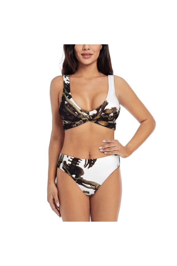 Skeleton Dance with Mushrooms Print Women's 2 Piece High Waisted Wrap Spaghetti Strap Summer Swimsuit Bikini Set-Medium