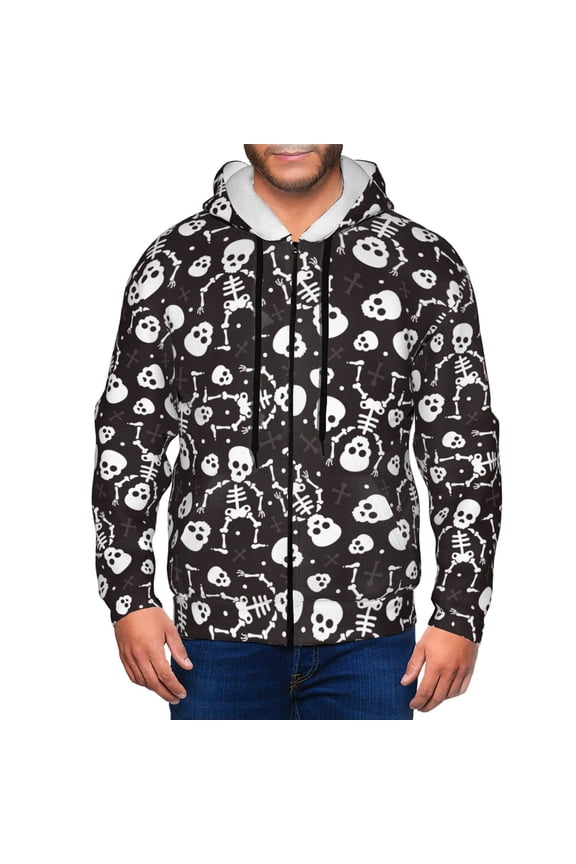 Skeleton Print Men Hoodies Casual Hoodies for Men with Zip Pockets Full Zip Long Sleeve Sweatshirt Sports Hooded Jacket-Medium