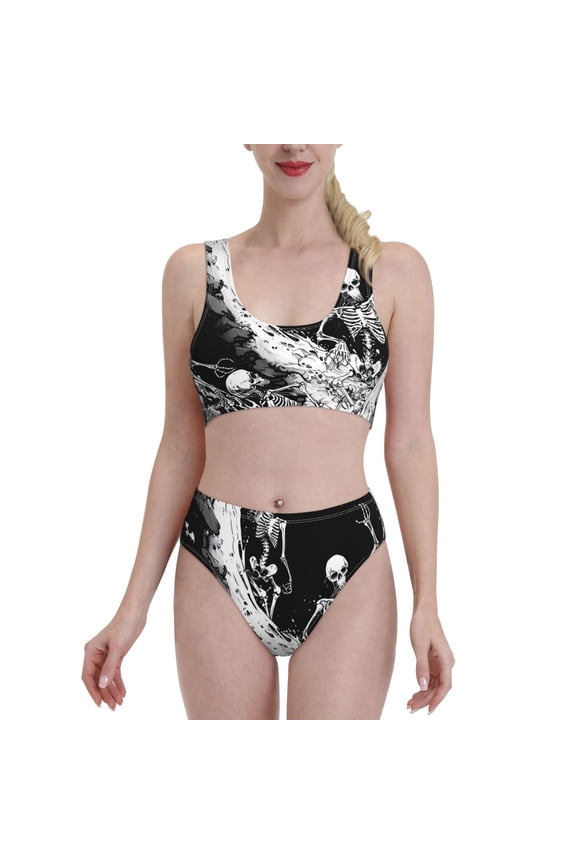 Skeleton Wave Artwork for Womens High Waisted Bikini Top Sports Style Two Piece Bathing Suits