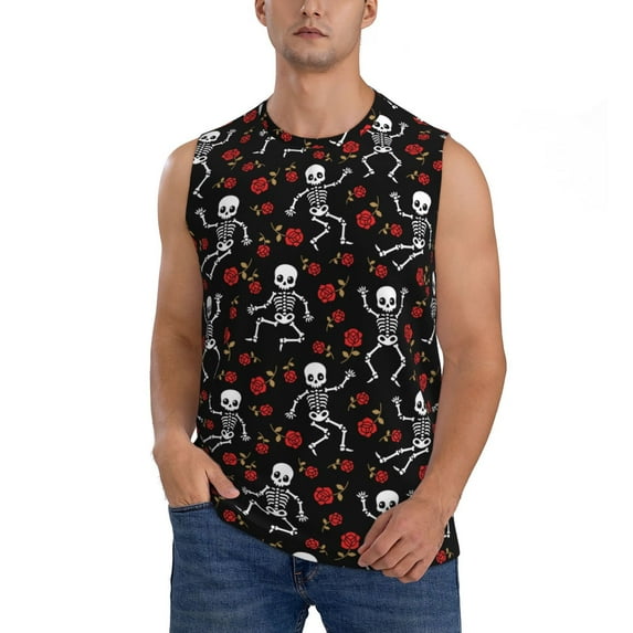 Kdxio Skeleton with Roses for Men's Muscle T-shirt,Sleeveless for Workout Running Athletic Gym Lounge Casual