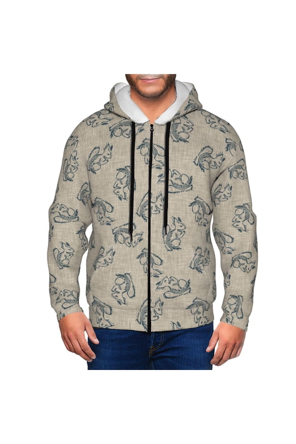Sketch Squirrels Linen Print Men Hoodies Casual Hoodies for Men with Zip Pockets Full Zip Long Sleeve Sweatshirt Sports Hooded Jacket-Small