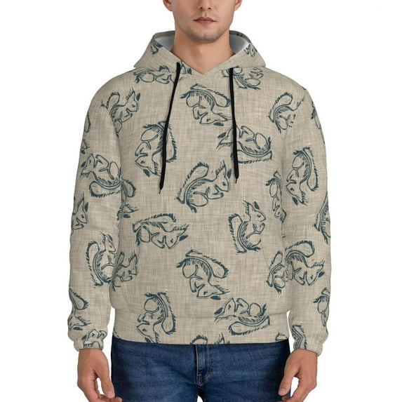 Kdxio Sketch Squirrels Linen Print Mens Casual Hooded Collar Drawstring Hoodies Pullover Sweatshirts Casual Long Sleeve Shirts-Medium