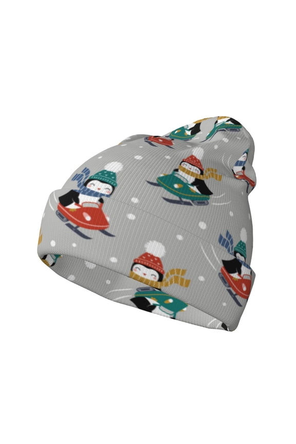 Skiing penguin Winter Beanie for Men Women Beanie Knit Hat Cuffed Cap Beanie Knit Chunky Snow Cap