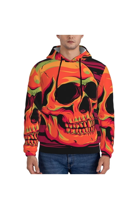 Skull And Flag Usa Print Mens Casual Hooded Collar Drawstring Hoodies Pullover Sweatshirts Casual Long Sleeve Shirts-Large