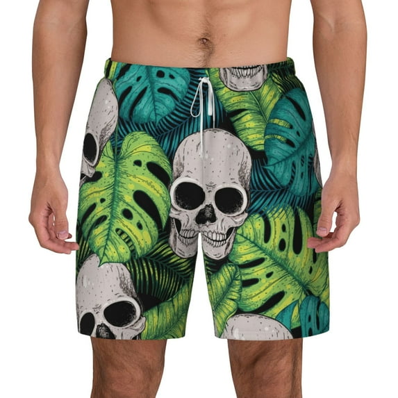 Kdxio Skull And Palm Leaves Print Men'S Swim Trunks With Compression Liner 7 Inch Inseam Quick Dry Swim Shorts