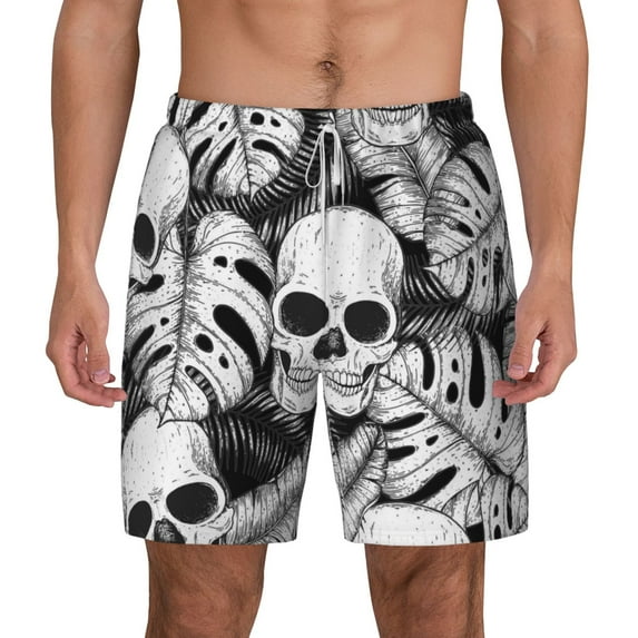 Kdxio Skull And Palm Leaves Print Men'S Swim Trunks With Compression Liner 7 Inch Inseam Quick Dry Swim Shorts