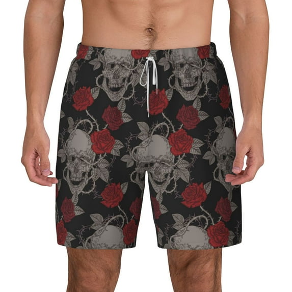Kdxio Skull And Red Roses Print Men'S Swim Trunks With Compression Liner 7 Inch Inseam Quick Dry Swim Shorts
