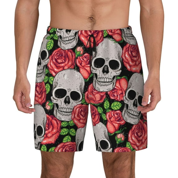 Kdxio Skull And Roses Print Men'S Swim Trunks With Compression Liner 7 Inch Inseam Quick Dry Swim Shorts