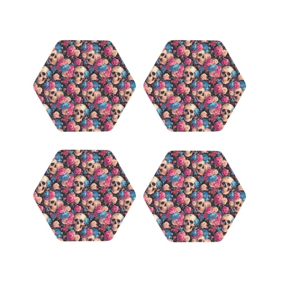 Kdxio Skull Blue Flower Funny Coasters,4 Pcs Leather Coasters,Housewarming Gifts,Protect Furniture from Water Marks Scratch and Damage