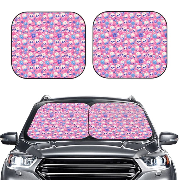Kdxio Skull Blue Flower Print 2-Piece Sun Shade Front Windshield - Foldable Car Front Window Sunshades for Most Sedans SUV Truck