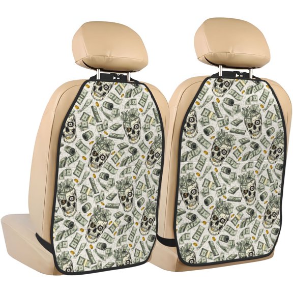 Kdxio Skull with Cash Print 2 Pack Car Kick Mat Seat Cover Back Protector Mat with Pockets for Organizer Backseat Protector and Storage Anti Kick Pad for Vehicles