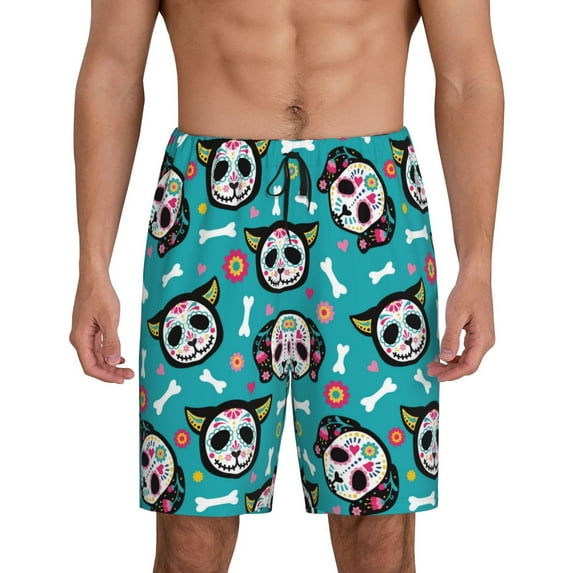 Kdxio Skull Cat Print Mens Sleep Shorts Bottoms Soft Comfy Pajama Wear Pants with Drawstring Pockets