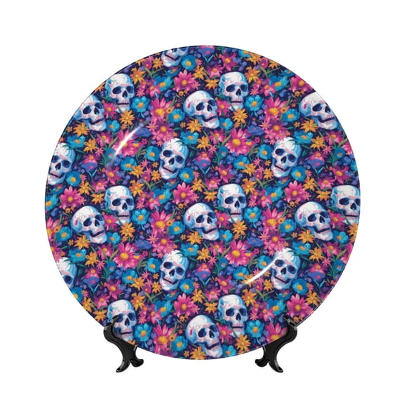 Kdxio Skull Daisy Bone China Decorative Plate Ceramic Decorative Plate for Home Office Wall Stand Decorative Plates for Home Bedroom-10in
