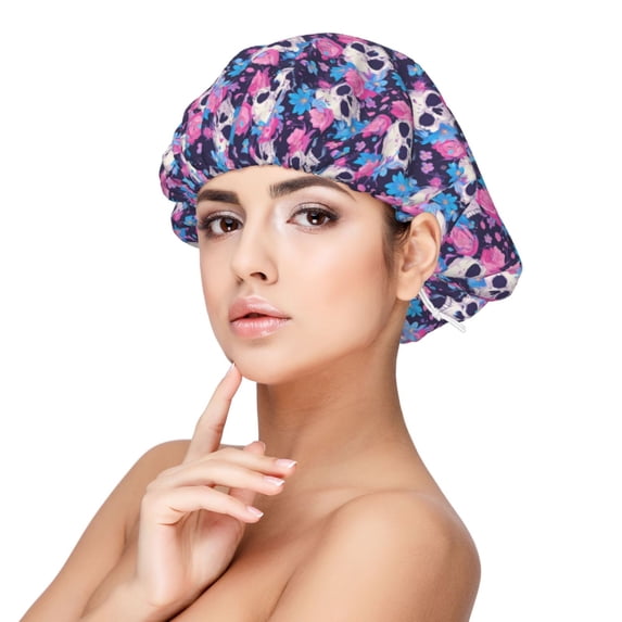Kdxio Skull Flower Blue Pattern Satin Bonnet Silk Bonnet Hair Bonnet for Sleeping Hair Bonnets for Women Curly Natural Hair