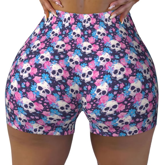 Kdxio Skull Flower Blue Print Workout Shorts for Women Seamless Soft Smooth Gym Yoga Scrunch Active Shorts