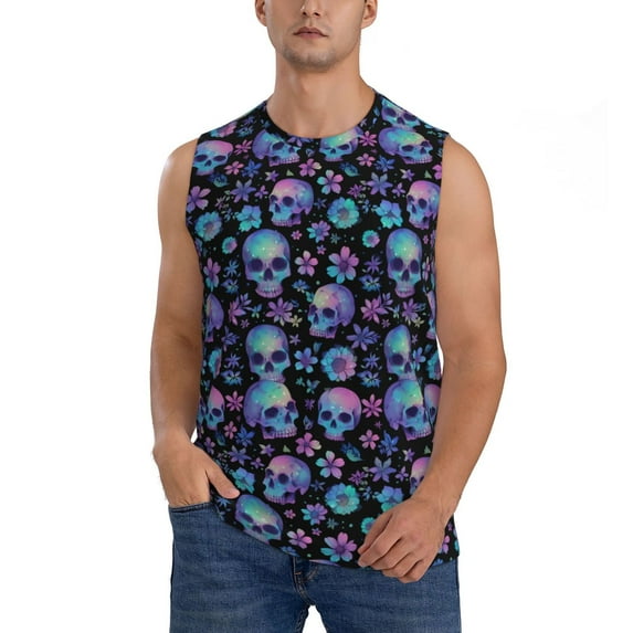 Kdxio Skull Flower Blue for Men's Muscle T-shirt,Sleeveless for Workout Running Athletic Gym Lounge Casual