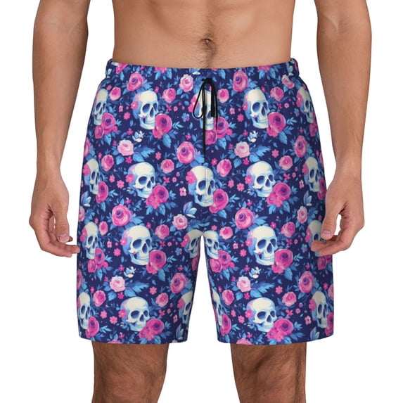Kdxio Skull Flower Print Men's Swim Trunks with Compression Liner 7 Inch Inseam Quick Dry Swim Shorts